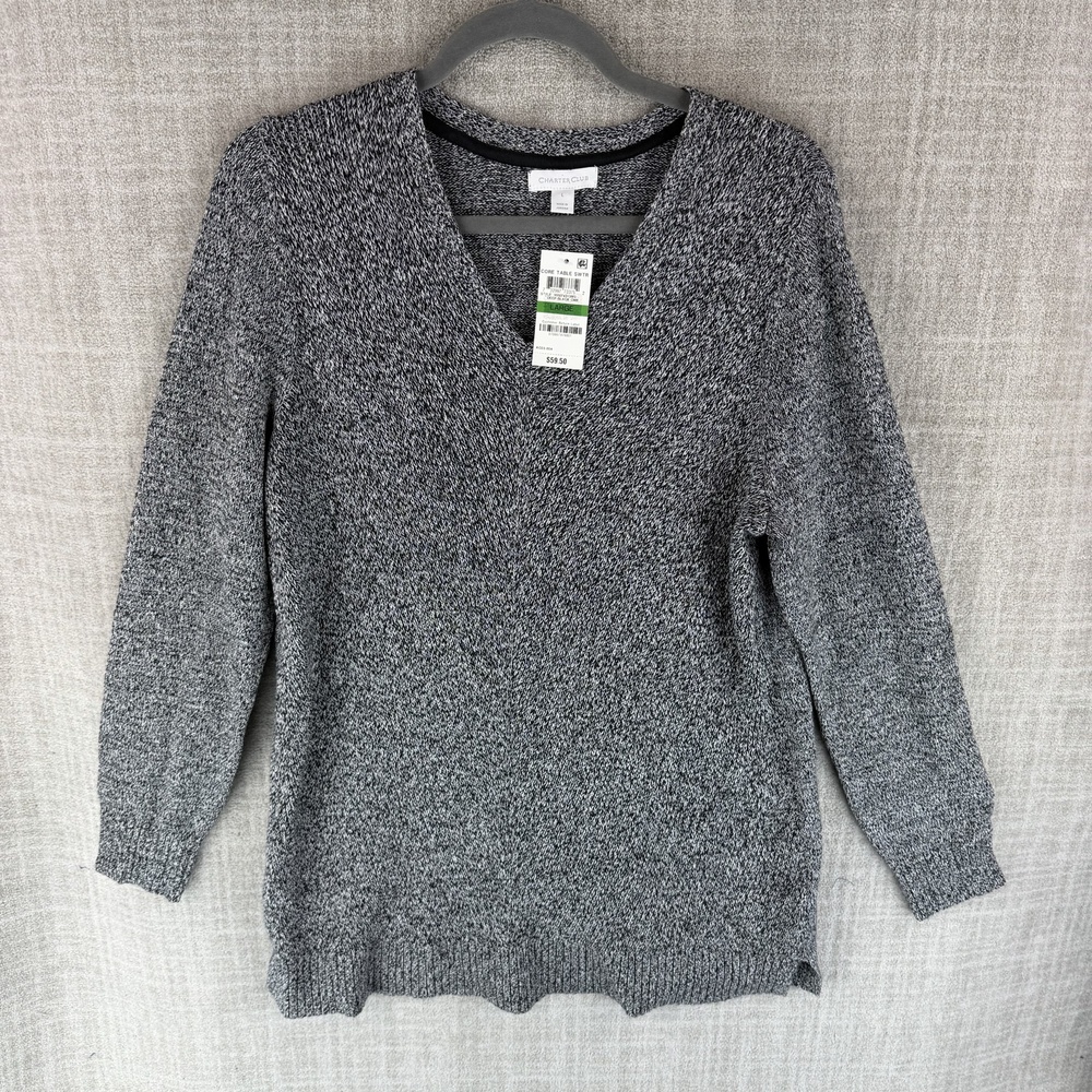 Charter Club Sweater Womens L Gray Pullover V-Neck Tight-Knit Stretch Cotton